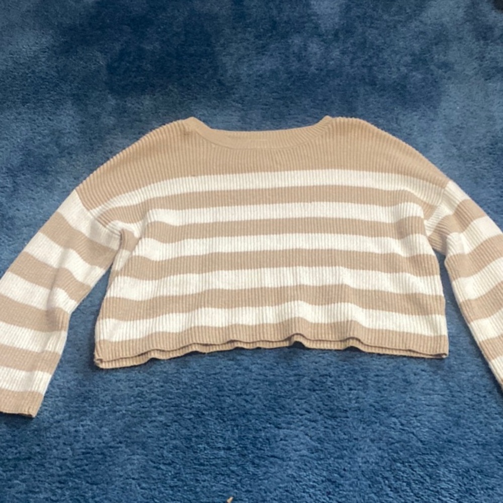 Sincerely Jules Tan and White Striped Crew Neck Sweater